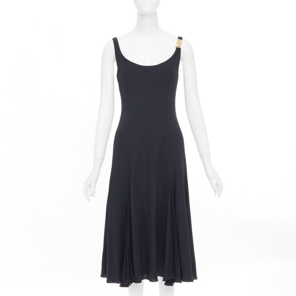 VERSACE 2023 Medusa 95 black viscose silk trim cocktail midi dress IT40 S